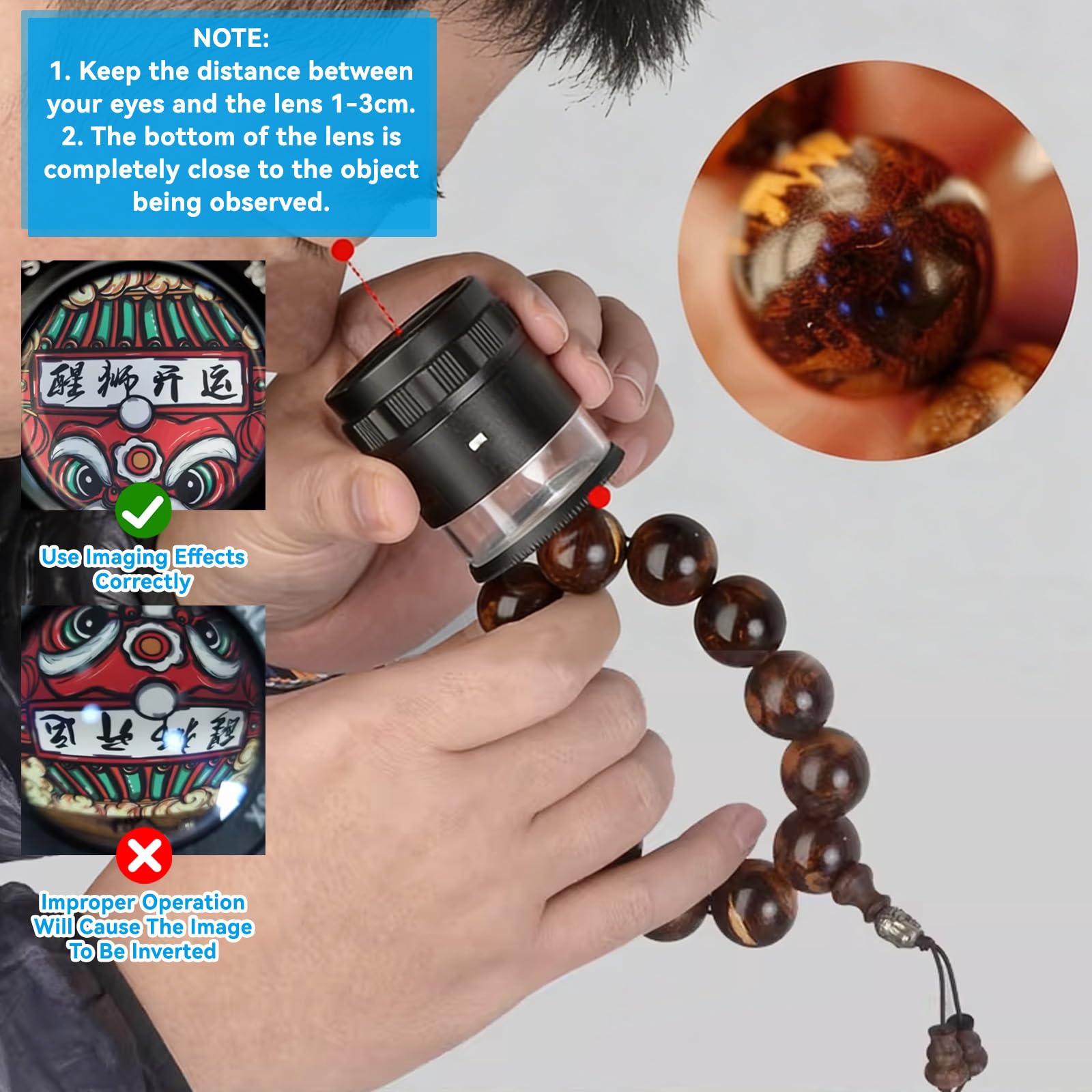 Lupa de joyero, Lupa Profesional de 10X con 8 Luces LED Ajustables y Escala integrada, Lente de Vidrio óptico, Base acrílica, alimentada por Pilas AG9 para inspección de joyería, Relojes y Textiles