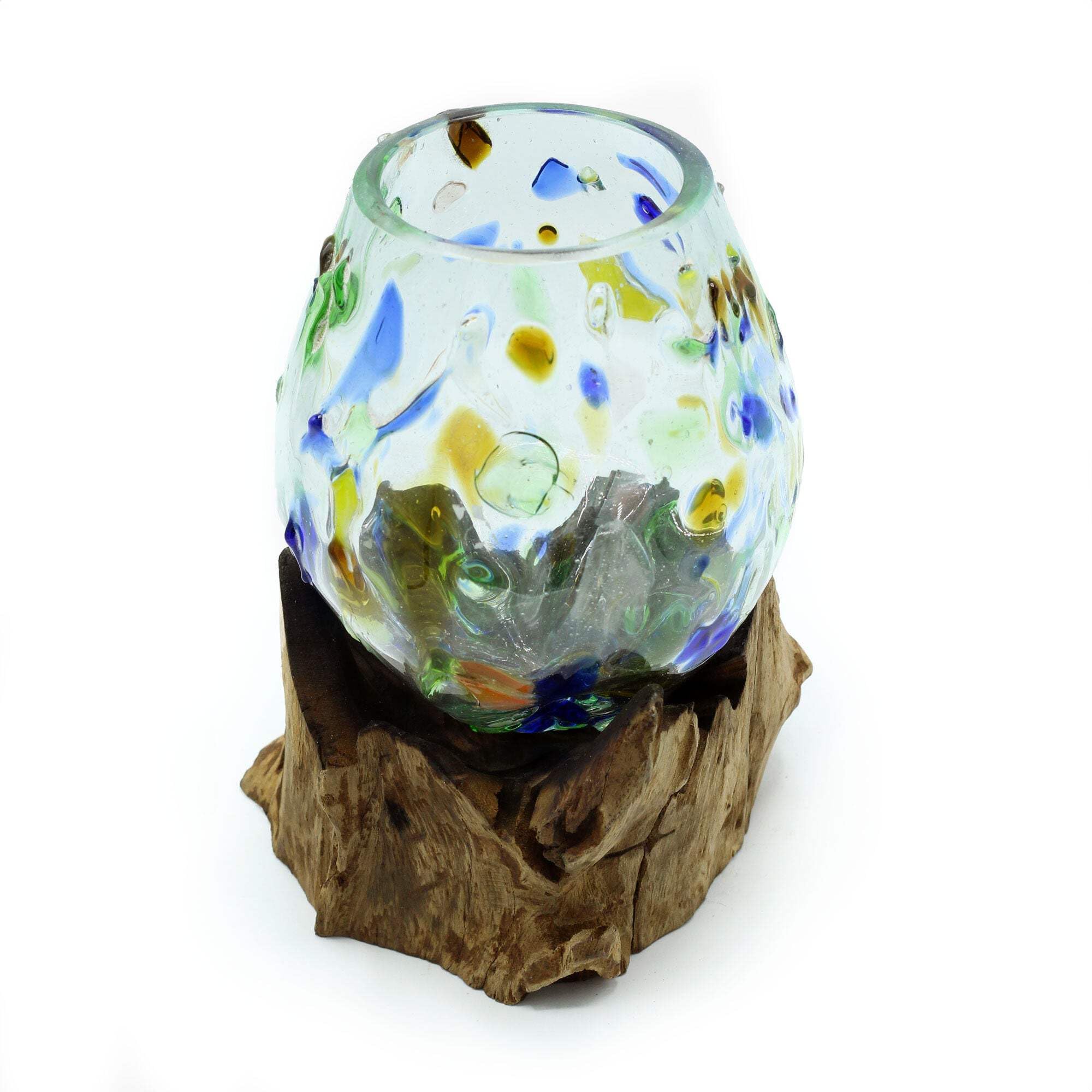 Ancient Wisdom Clear Molten Coloured Glass On Wood Small Vase - Handcrafted Natural Wood Base With Vibrant Hand-Blown Glass - 18X13x12 Cm Decorative Vase For Modern Home Decor, Centerpieces