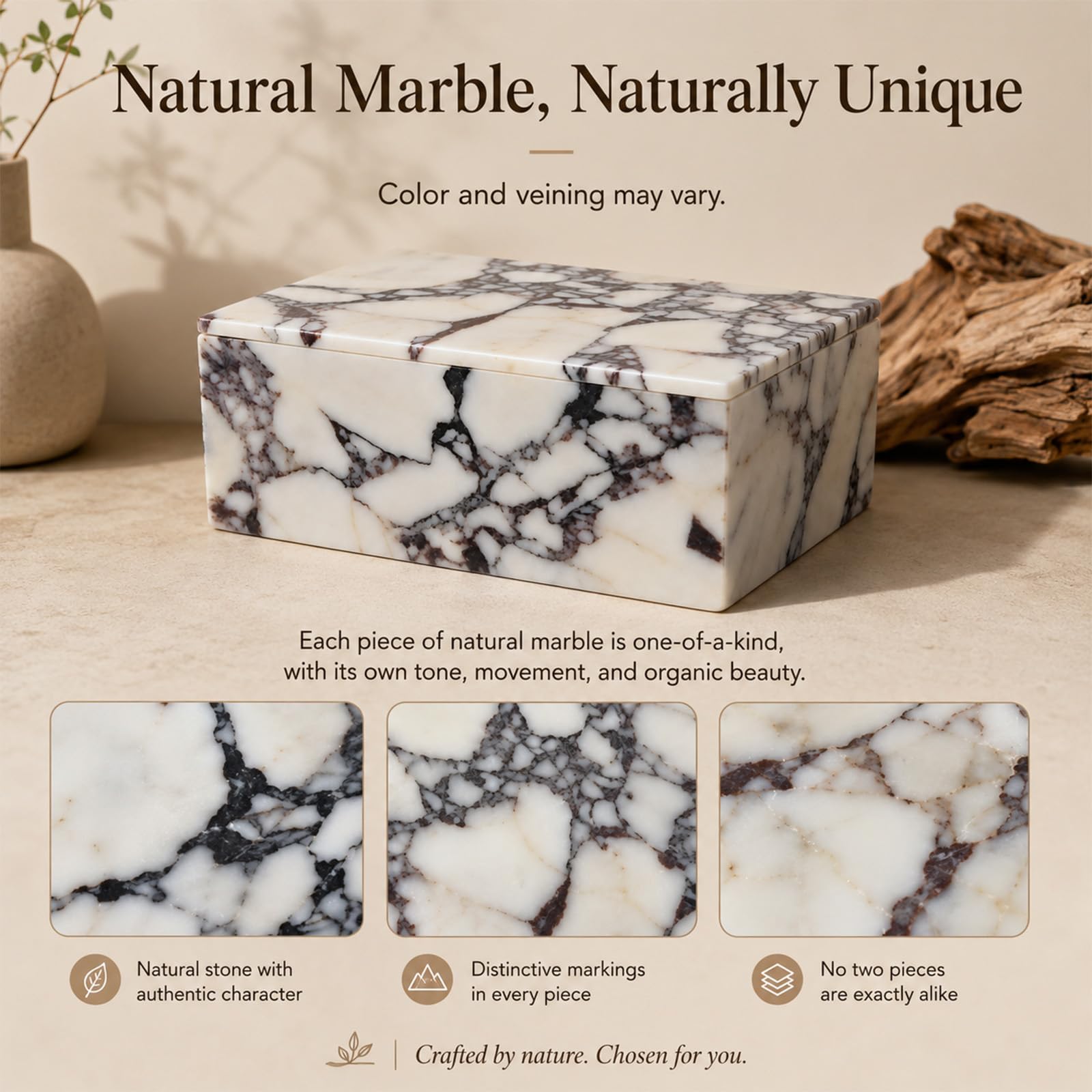 Caja de almacenamiento de mármol de lujo con tapa, patrón de venas blancas y moradas, organizador decorativo para brochas de maquillaje, joyas, accesorios de baño (rectangular)