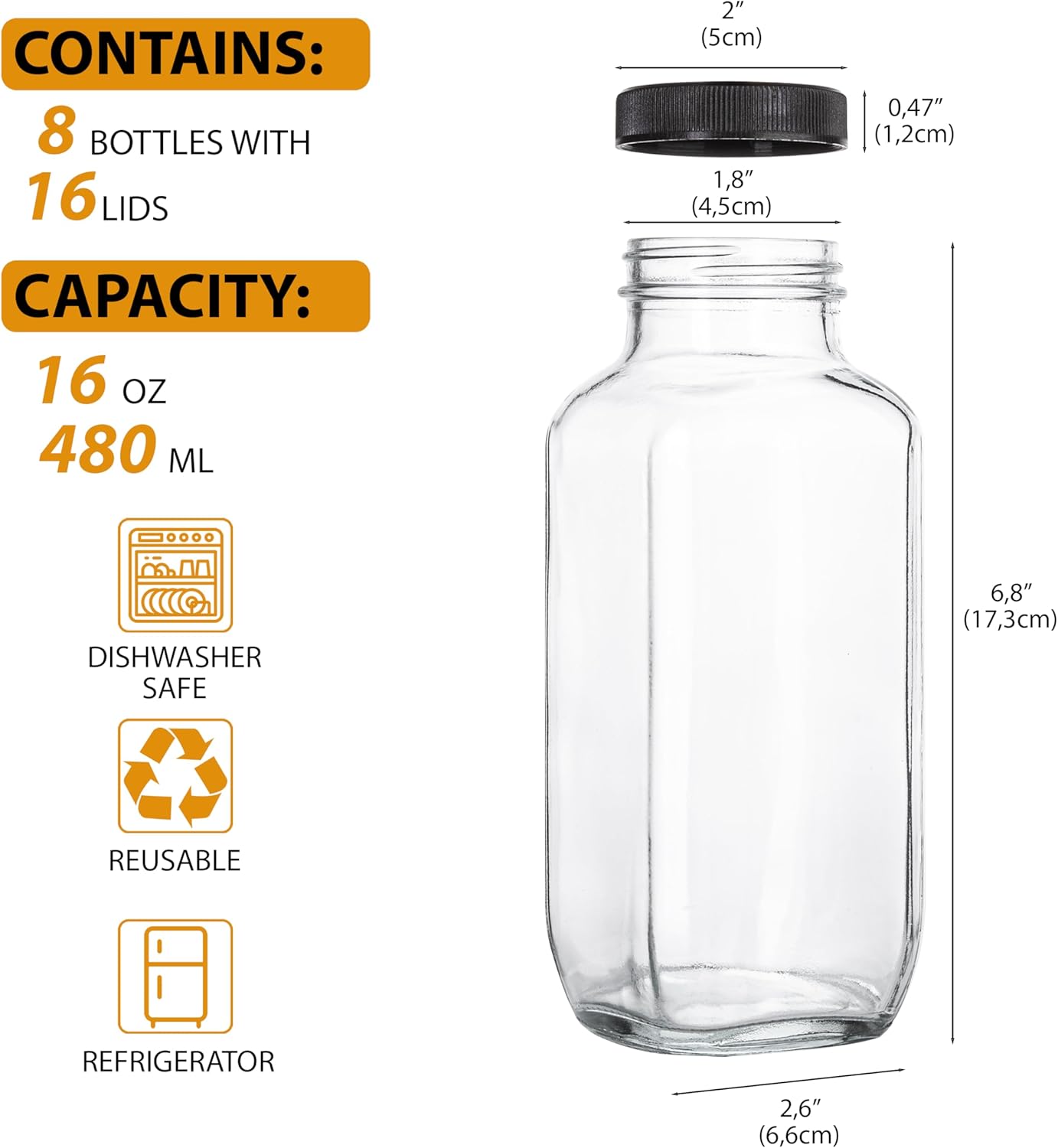 juice bottles with lids, 16 oz - set of 8 - clear glass jars with caps - reusable empty drink containers for juicing, smoothies, water, milk, kombucha storage, wellness shots and more (8)