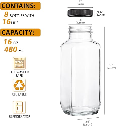 Miniatura 10 de Botellas de jugo con tapas, 16 onzas, juego de 3 frascos de vidrio transparente con tapas, recipientes vacíos reutilizables para jugos, batidos,