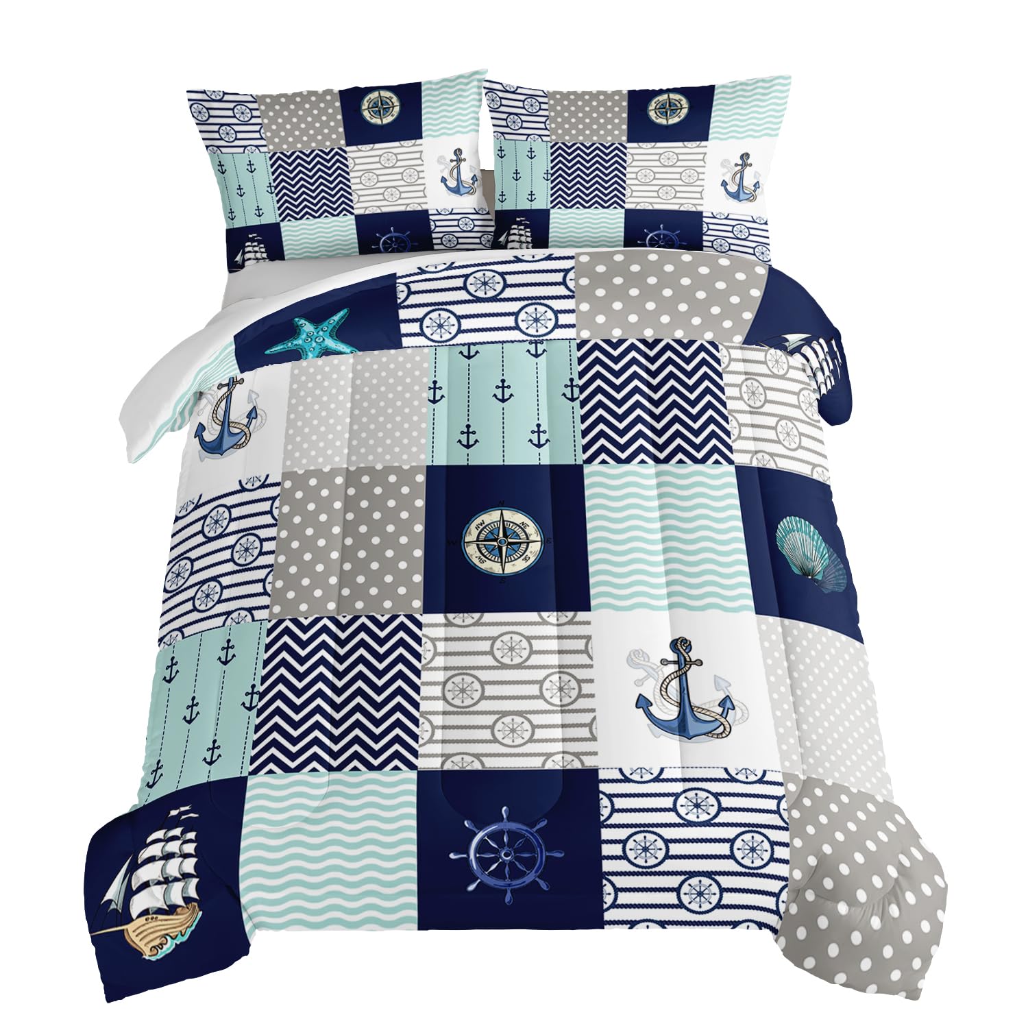 HOSIMA Nautical Comforter Set Twin,Plaid Patchwork Ocean Themed Bedding Sailboat and Anchor Print Kids Bedding Set for Boys Adult Kids Girls,Navy Blue