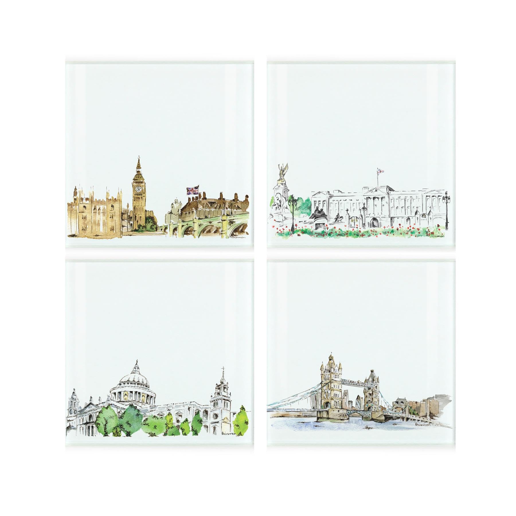 London Landmarks Coaster Set - Square Glass Painted Scene Design - Set of Four (4) Coasters