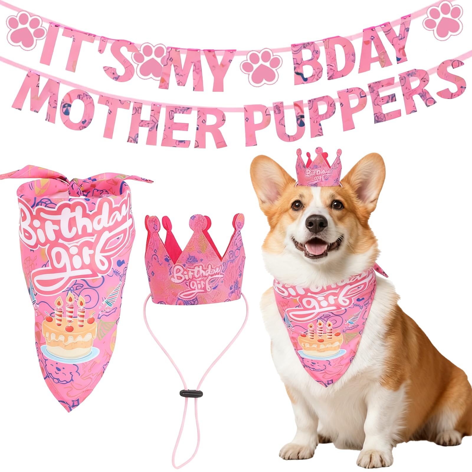 Pet Birthday Party Set, Pink Dog Birthday Crown and Bandana with Birthday Girl Design, Celebration Decorations with Mother Puppers Banner