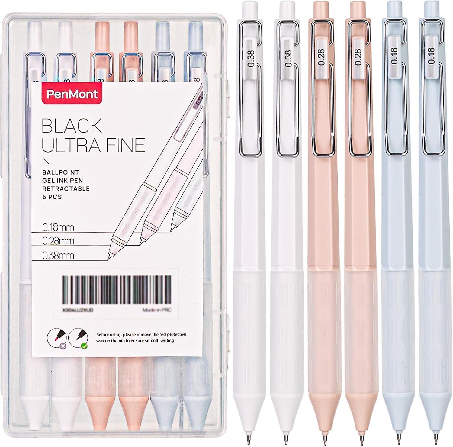Retractable Gel Roller Pens, Japanese Pen Style, Ultra Fine Point (0.18mm / 0.28mm / 0.38mm), Quick Dry Black Gel Ink, Precise and smooth writing, Comfortable Grip, 6-Count Pack