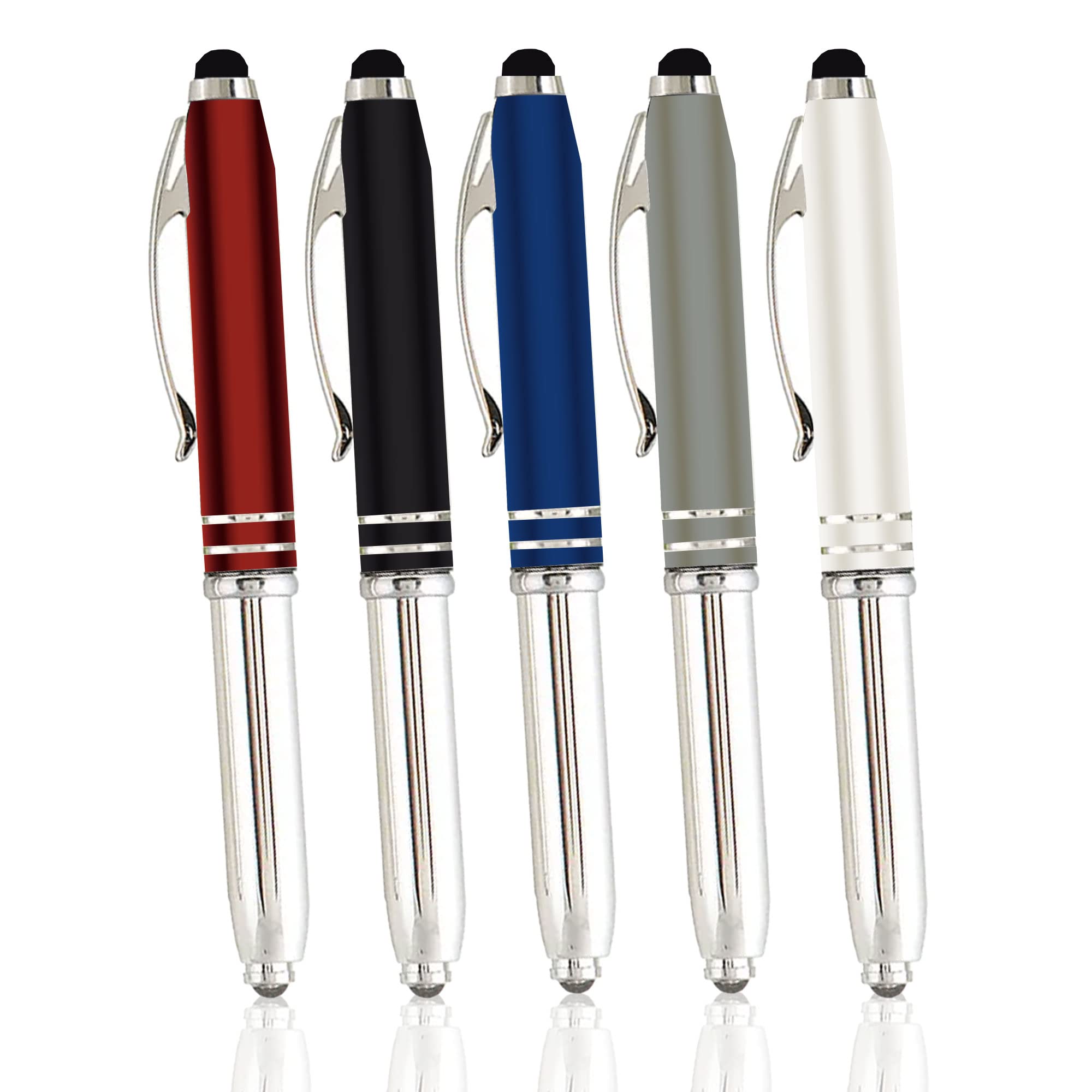 King of Flash Stylus Pen 3 in 1 Universal Capacitive Pens for Touch Screens Devices, LED Torch Light & Fine Metal Ballpoint Pen - 5 Pack Present Office or Home use with Pouch & 5 Refills