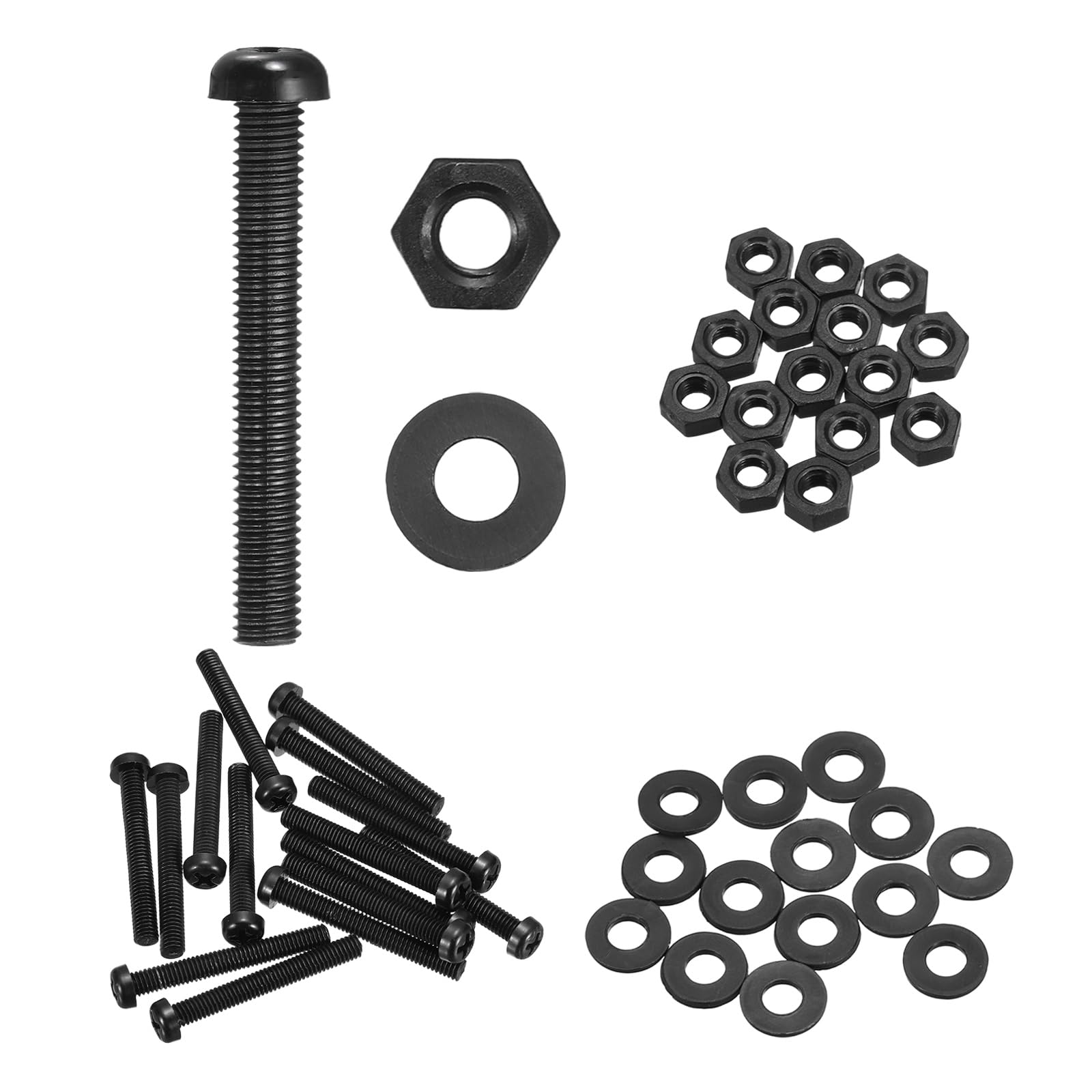 sourcing map 15 Set M6x45mm Nylon PA66 Plastic Cross Round Head Screw Phillips Bolts Hex Nuts Flat Washers Assortment Kit, Metric Full Thread Bolt Fasteners for DIY Machine Assembly, Black