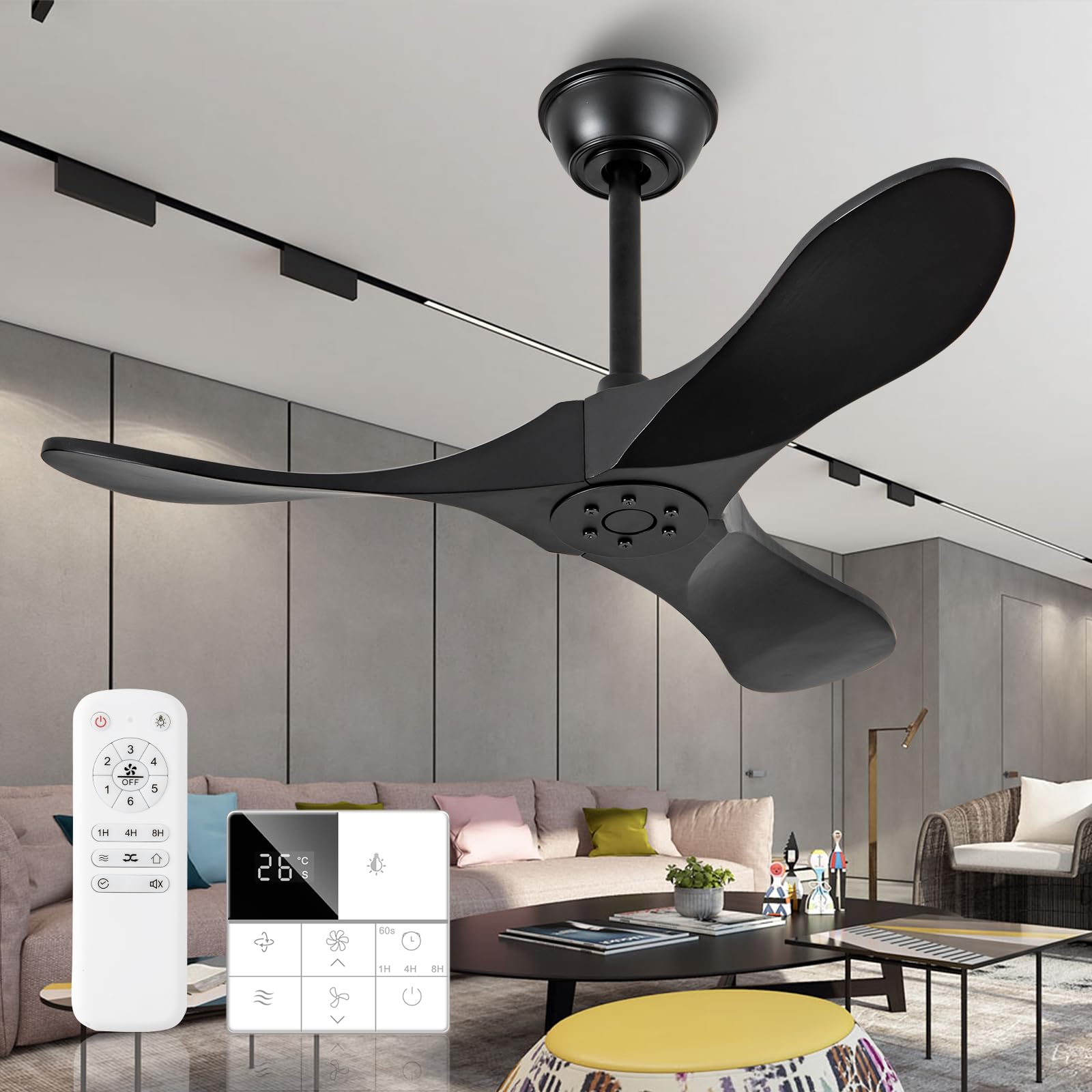 36 Inch Black Ceiling Fan No Light,Small Ceiling Fans Without Lights, Small Modern 3 Blade Quiet Dc Ceiling Fan For Slanted Ceilings, Rustic Wood Ceiling Fan For Gazebo With Remote