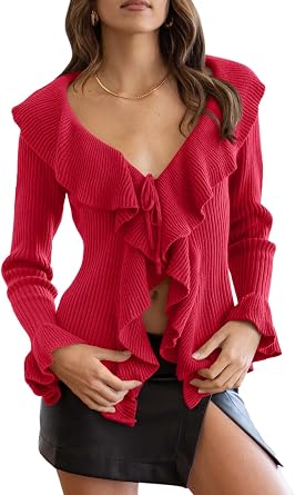 Goranbon Womens V Neck Sexy Sweaters Ruffle Long Sleeve Wrap Loose Sweater Fashion Drawstring Jumper