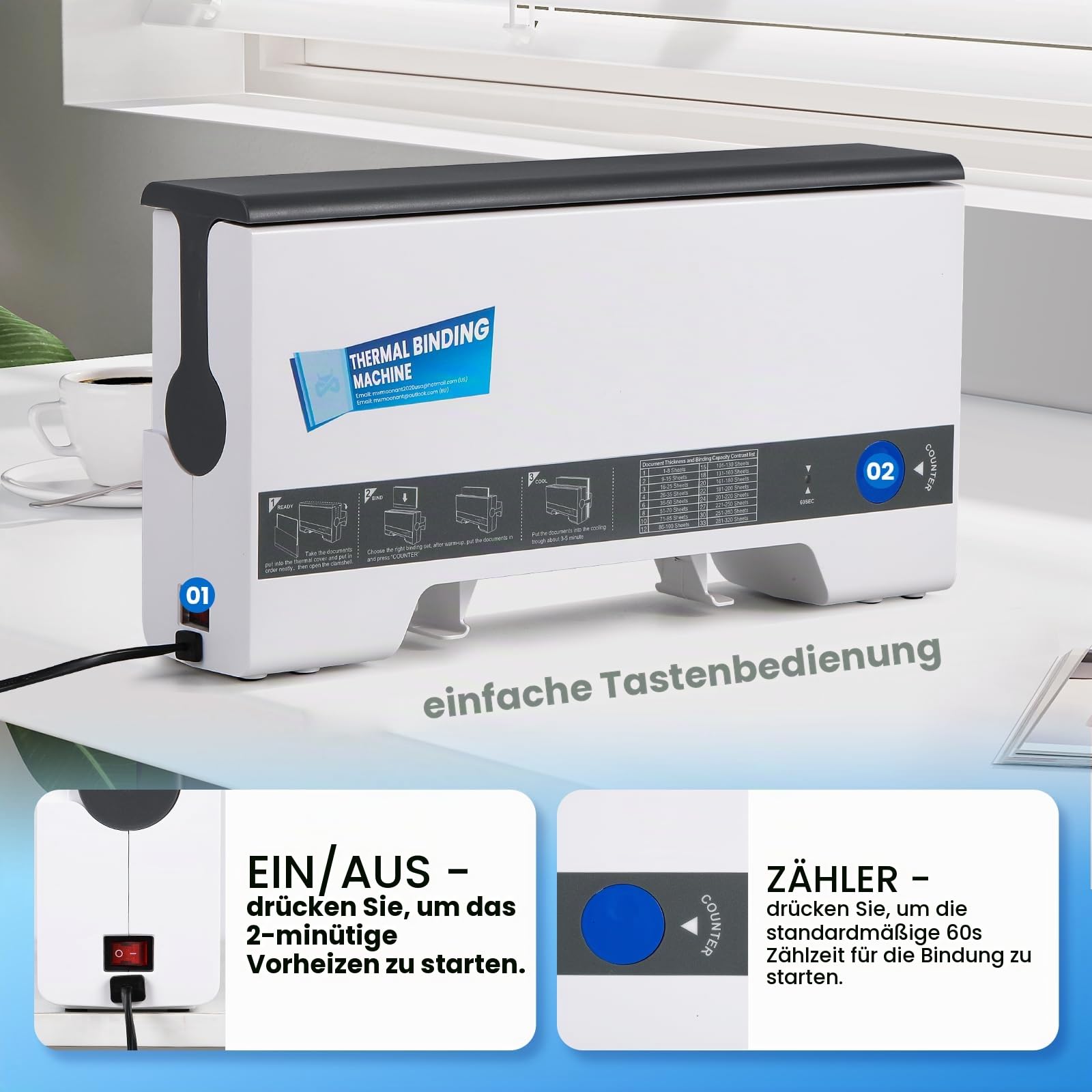 Mxmoonant TH-36 Thermobindemaschine, max. 200 Blatt | einfache Bedienung, kompakt, für A5/A4, mit 5 Stück Bindedeckeln