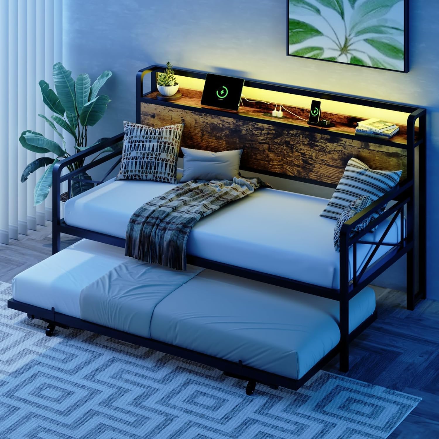 Bonnlo Daybed, Sofa Bed Double with LED and Outlet, Trundle Bed with Storage, Single Metal Bed Frame Fits 90 * 190 Mattress, 3FT DayBed for Kids, Teens, Adults, Black & Industrial Brown