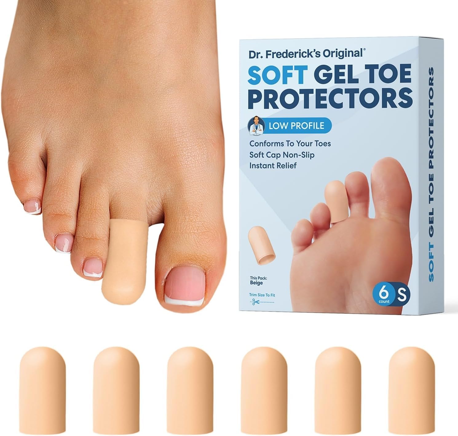Dr. Frederick's Original Soft Gel Toe Protectors for Men & Women - 6 Pieces - Toe Caps for Foot Pain Relief - Toe Sleeves for Ingrown Toenails, Corns, Calluses, Blisters - Small - Beige