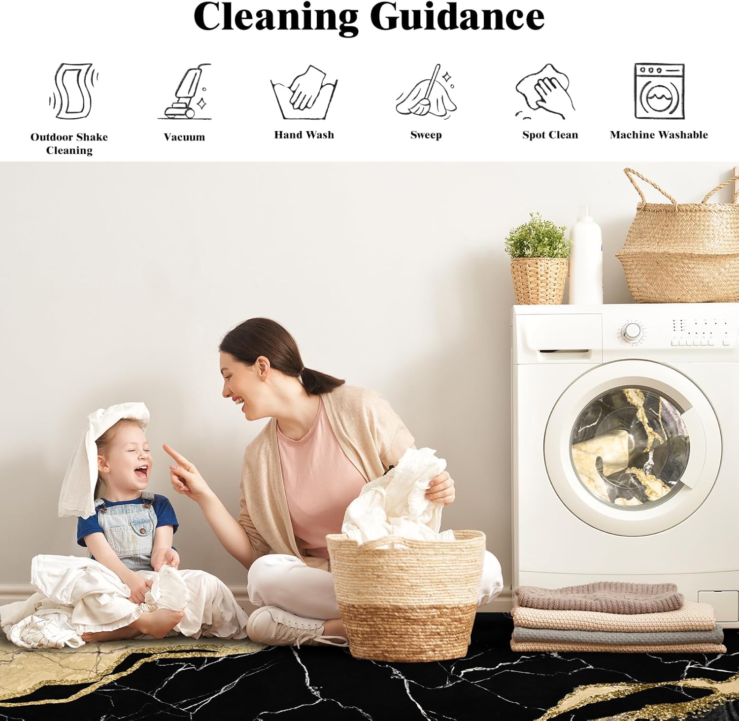 ASPMIZ Marble Area Rug 3x5 Washable Rugs for Living Room, Faux Wool Black and Gold Bedroom Rugs Non Slip, Soft Modern Floor Carpet Low Profile Medium Throw Rug for Dining Room Home Office Decor