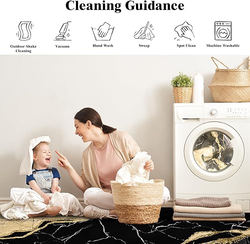 Miniatura 6 de ASPMIZ Alfombra de área de mármol de 5 x 7 pies, lavable para dormitorio, suave lana sintética negra y dorada, alfombra antideslizante moderna para