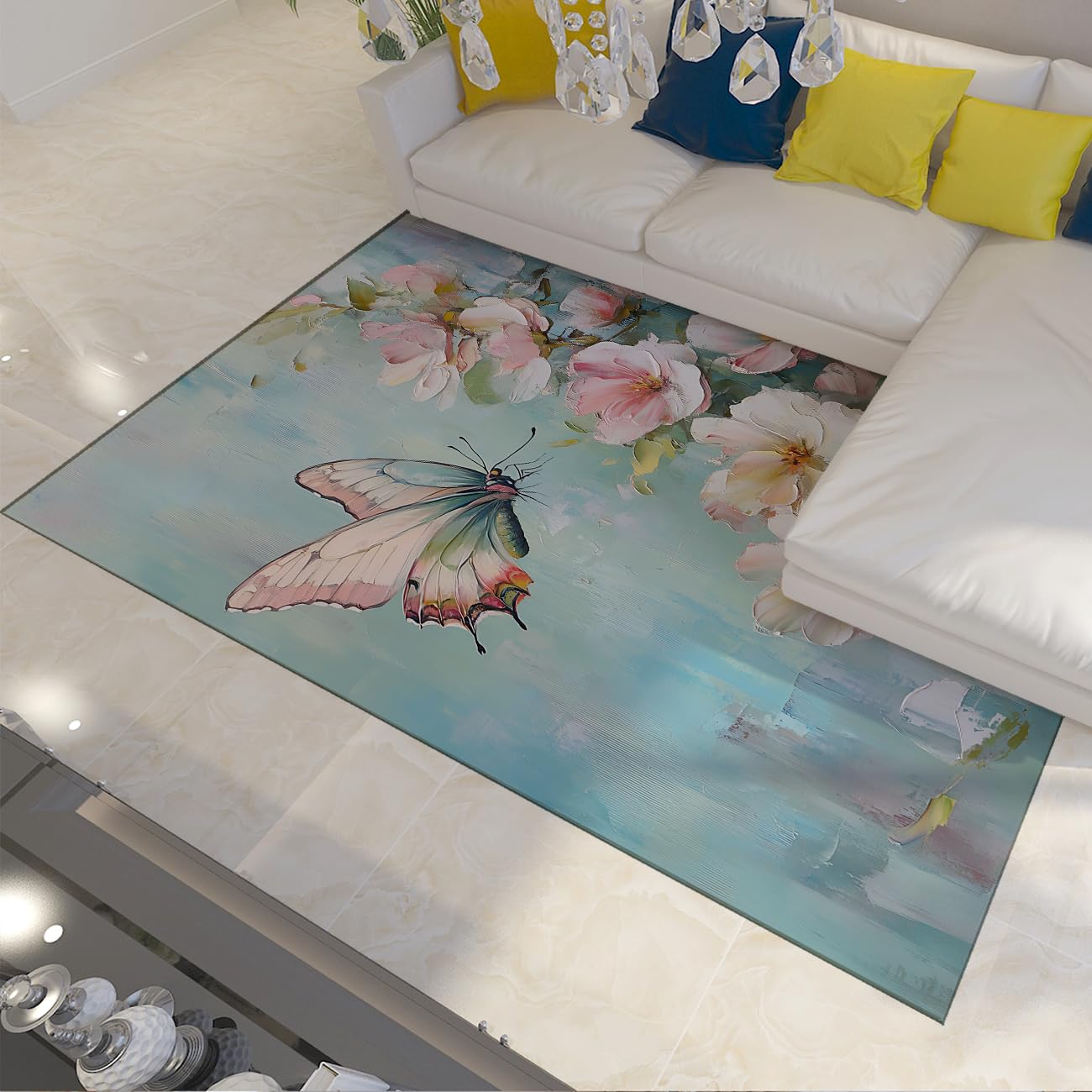 Tapis fleuri lavable à poil bas avec roses et papillons pour salon