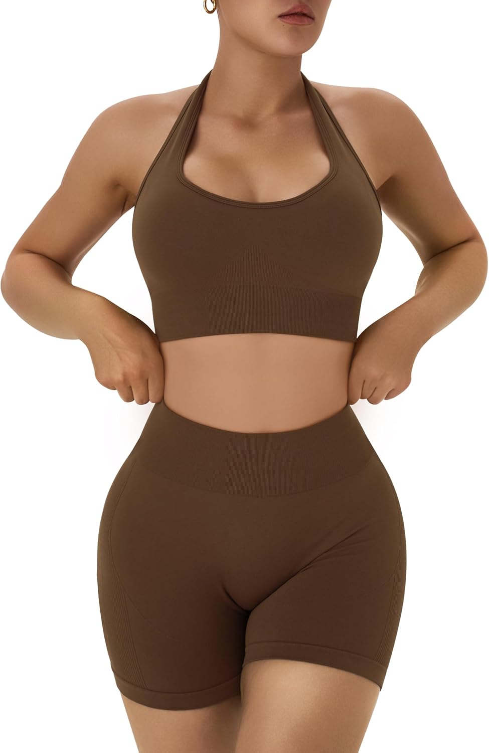 OLCHEE Workout Sets for Women 2 Piece Backless Halter Sports Bra High Waist Booty Shorts Yoga Gym Outfits Lounge Activewear - Image 4