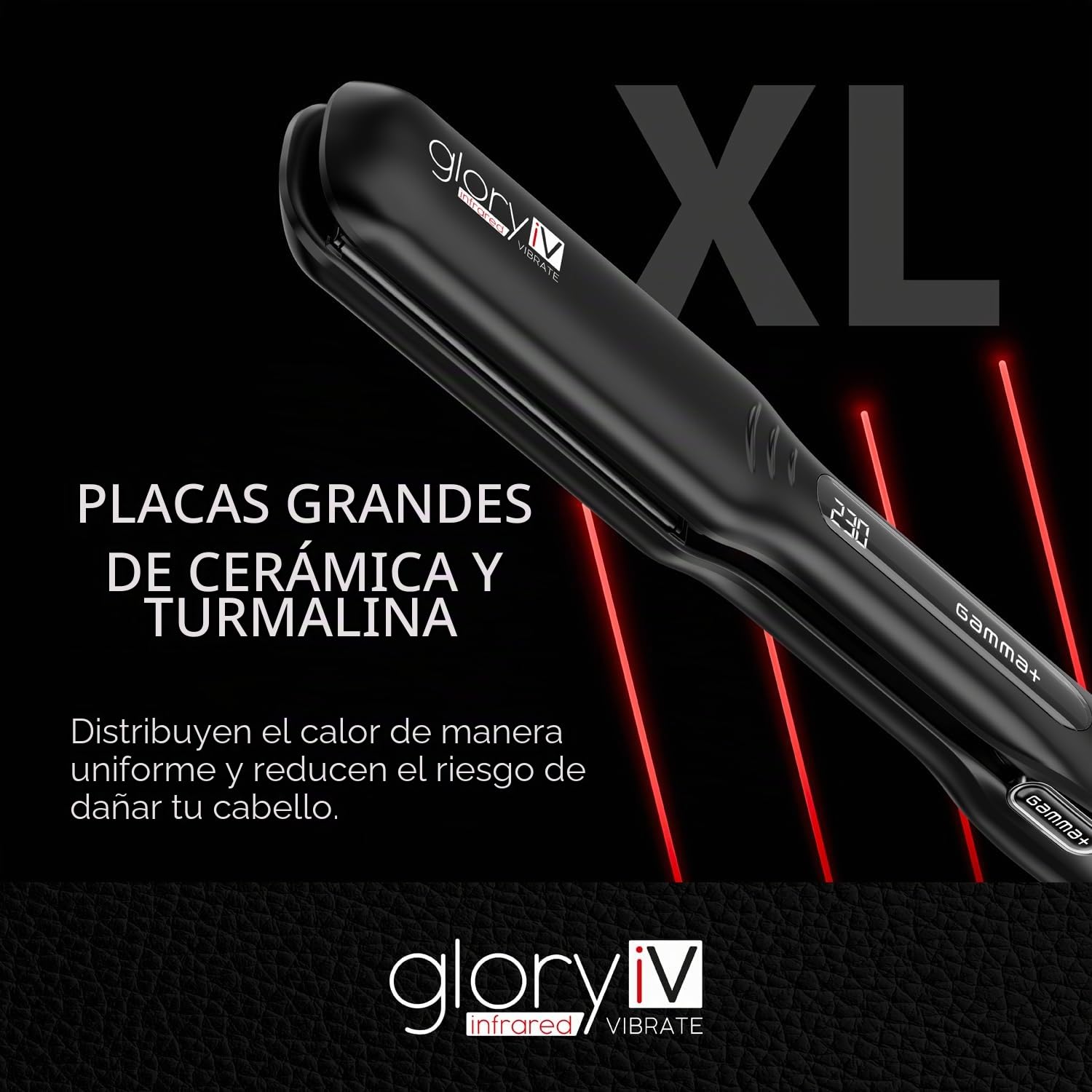 GAMMA+ Plancha de Cabello Profesional Vibratoria de Infrarrojos Glory iV, Matrices Extra Grandes de Cerámica y Turmalina, Temperatura 150-230°C, Apagado Automático, Calentamiento Rápido.