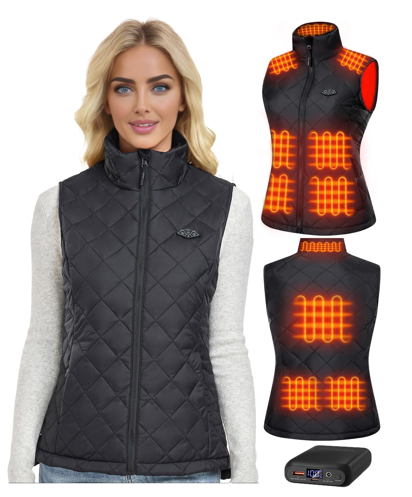 Topdot Chaleco Calefactable Mujer, Chaleco Térmico con Batería de 7.4V 16000mAh, 10 Zonas de Calentamiento, Chaleco Calefactable Eléctrico Ligero con 3 Temperaturas para Ciclismo