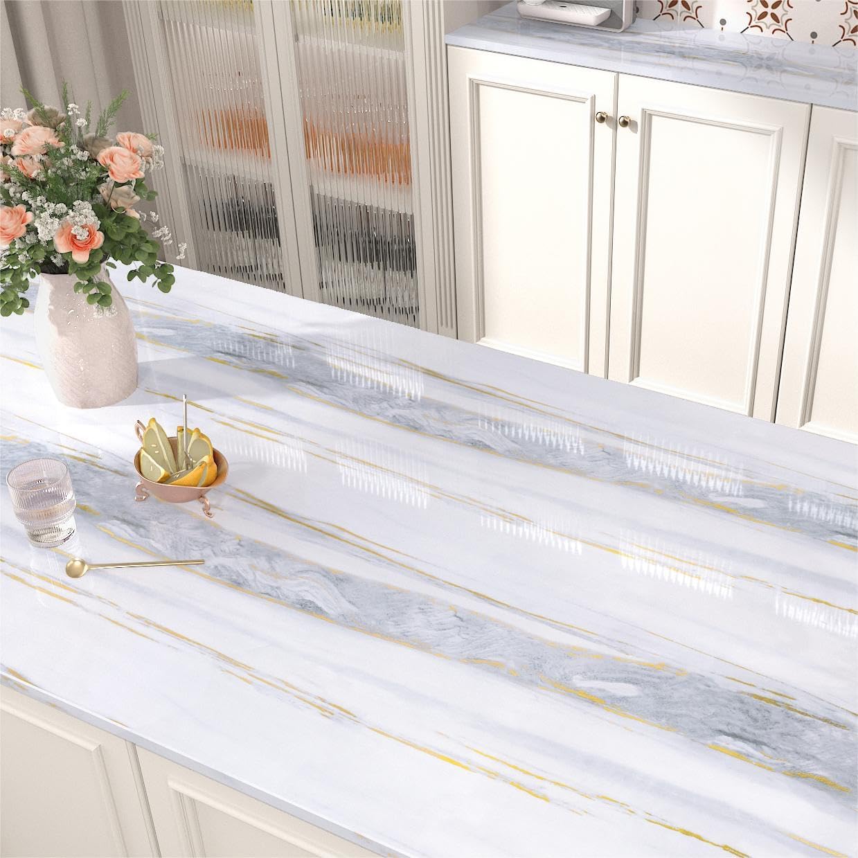 Grey White Gold Marble Contact Paper Peel and Stick Countertops Waterproof Glossy Marble Wallpaper for Bathroom Kitchen Vinyl Wrap 15.7"x472" Removable White and Gold Wall Paper for Cabinets