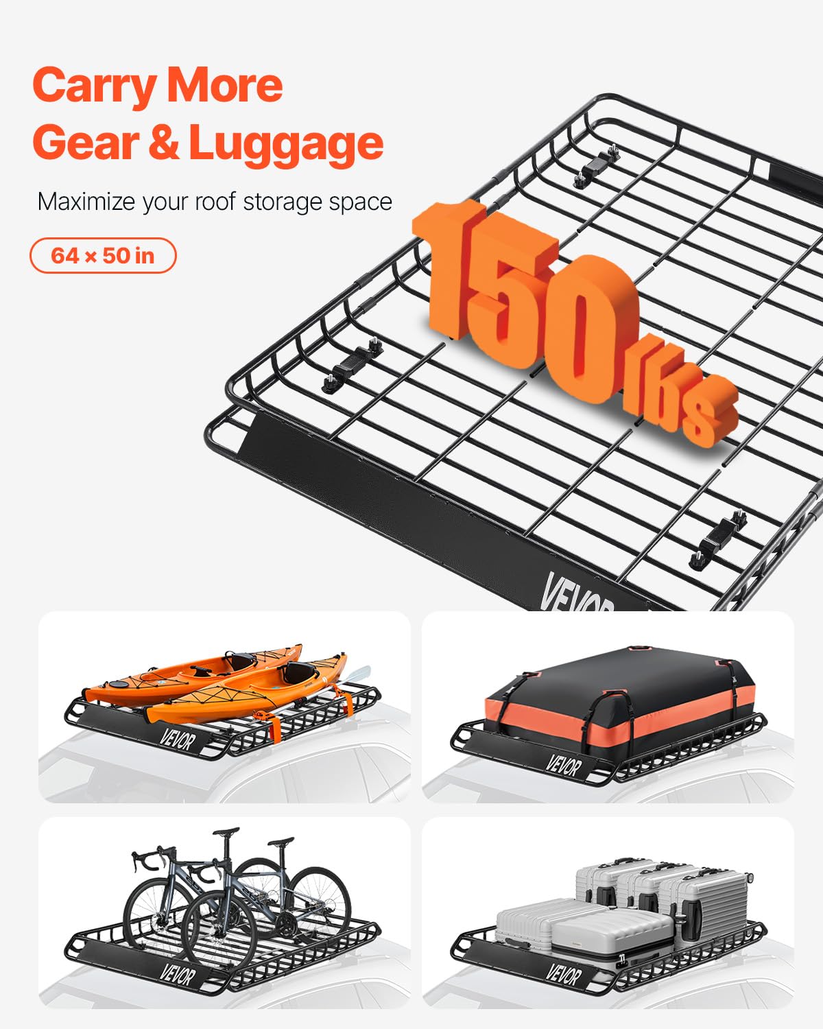 VEVOR Porte-Bagage pour Voiture, 1630 x 1270 x 105 mm, Panier de Toit Universel en Acier allié antirouille, avec Deux Filets de 900 x 1000 mm, clôture de 10,4 cm, Charge de 68 kg, pour SUV, Camion