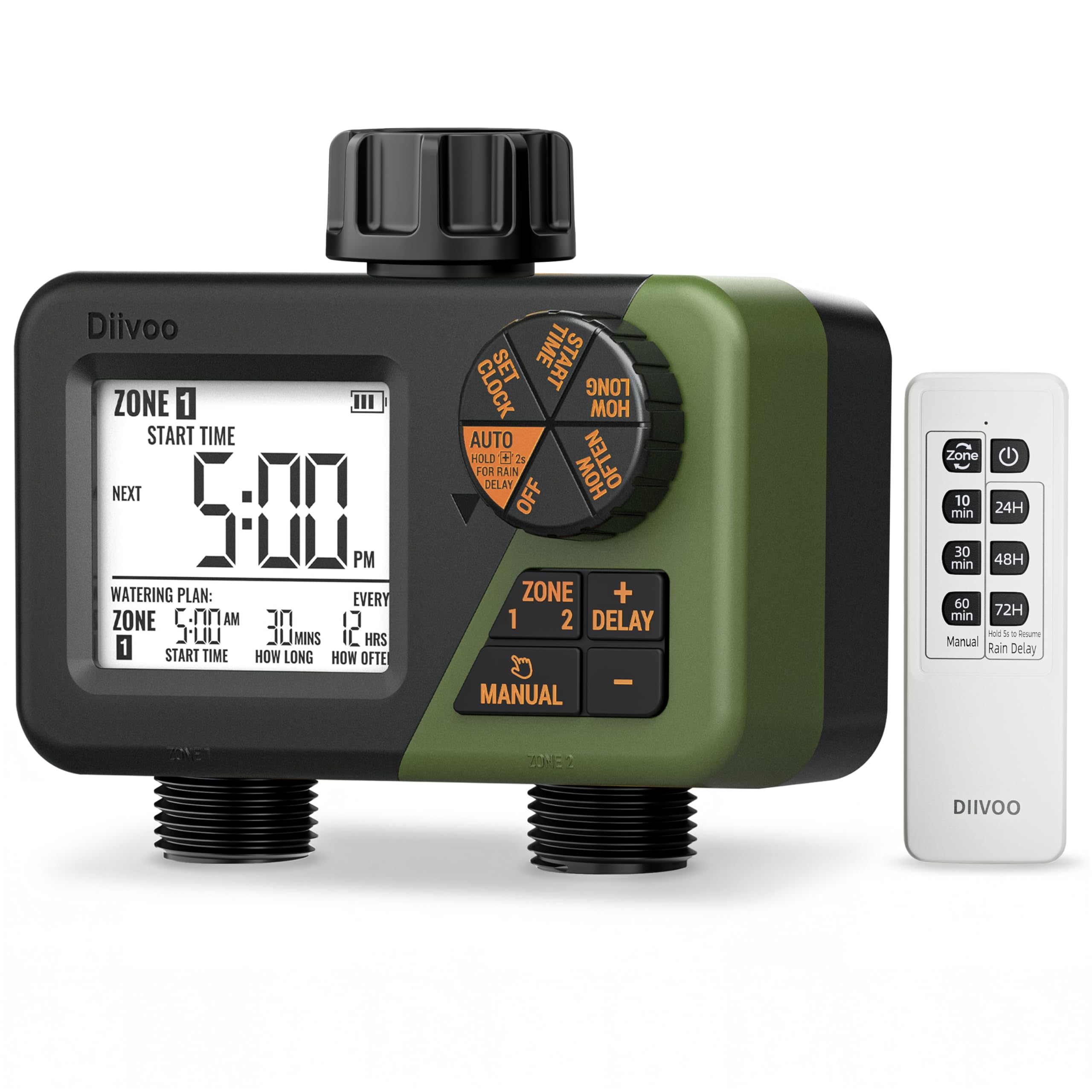 Diivoo Rf Remote Controlled Water Timer 2 Zone, Programmable Water Hose Timers 2 Outlet With Large Display, Rain Delay & Manual Watering, Irrigation Sprinkler Timer For Garden, Lawn, Yard