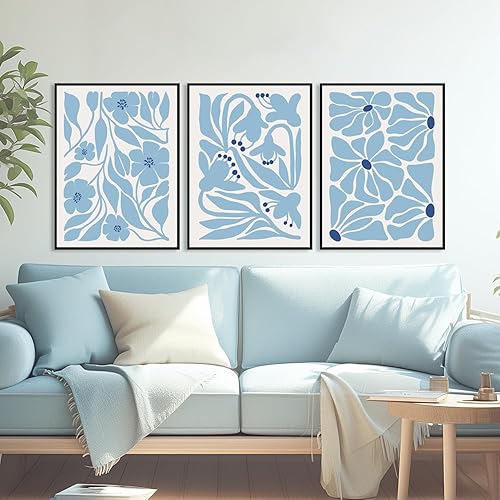 Miniatura 6 de WARTHZ Lienzo bohemio abstracto de flores azules de 16 x 24 pulgadas, juego de 3 lienzos botánicos modernos para decoración de pared, impresiones de