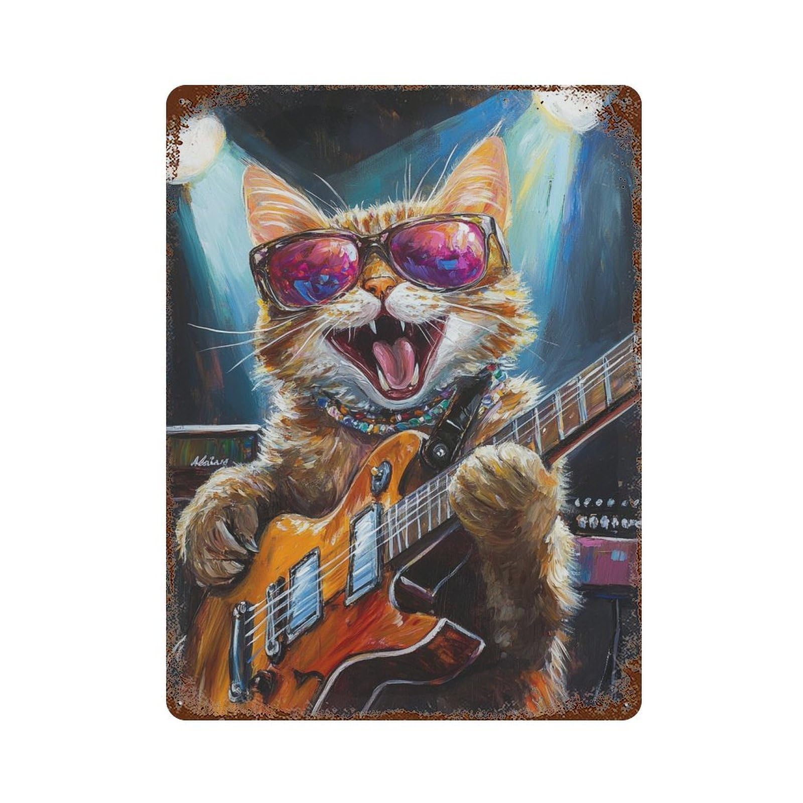 Rock Star Cat Guitar Performance Rusty Metal Tin Sign 15.7"x11.8", for Pub, Kitchen And Man Cave Decor, Novelty Wall Decor