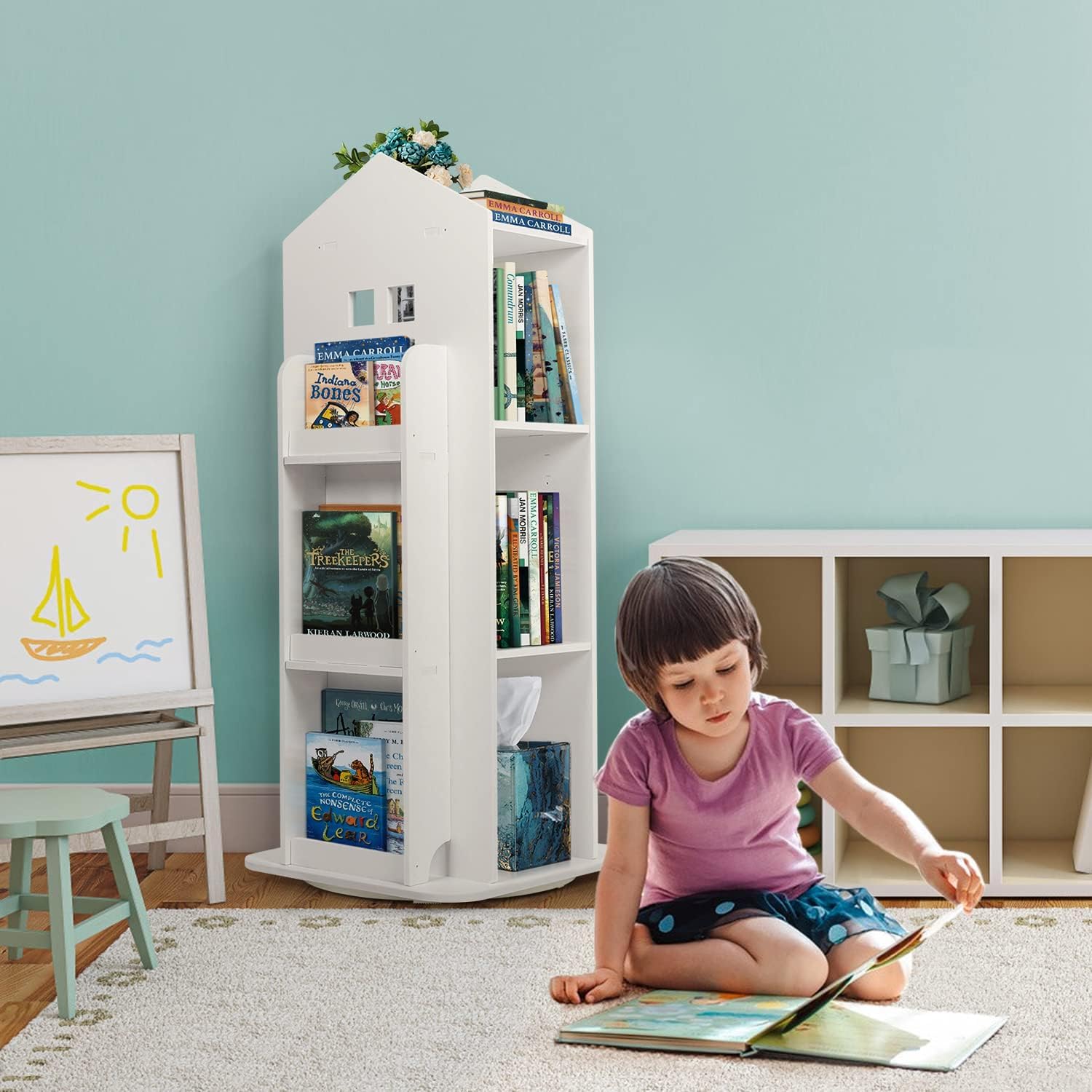 uyoyous Bibliothèque pivotante à 3 niveaux - Blanc | Étagère à livres rotative pour chambre à coucher, salon, bureau, 40 x 40 x 95 cm