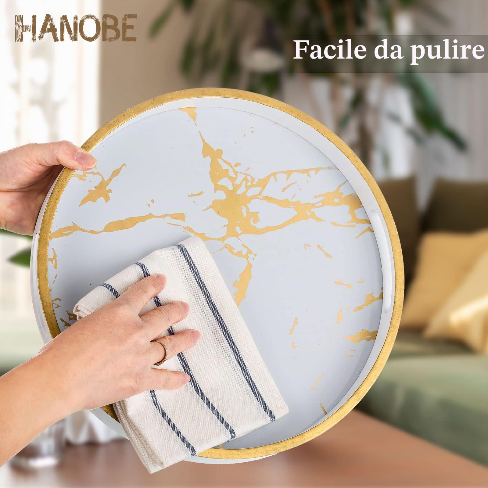Hanobe Vassoio rotondo decorativo da caffè: vassoio circolare con manici, motivo marmo, vassoio per tavolino da caffè, per soggiorno, bar, bevande, feste, casa, cucina, bianco | Bordo dorato e ampio bordo rialzato, vassoio da 30 cm per esporre candele, pi
