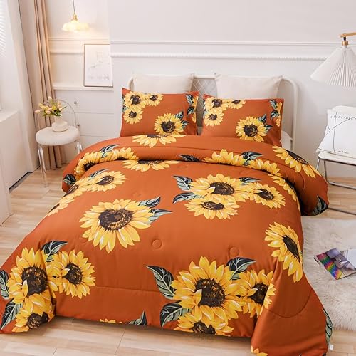 Miniatura 2 de NTBED Juego de edredón de girasoles amarillo floral botánico de microfibra de 3 piezas para niñas, adolescentes y mujeres (naranja tostado, King)