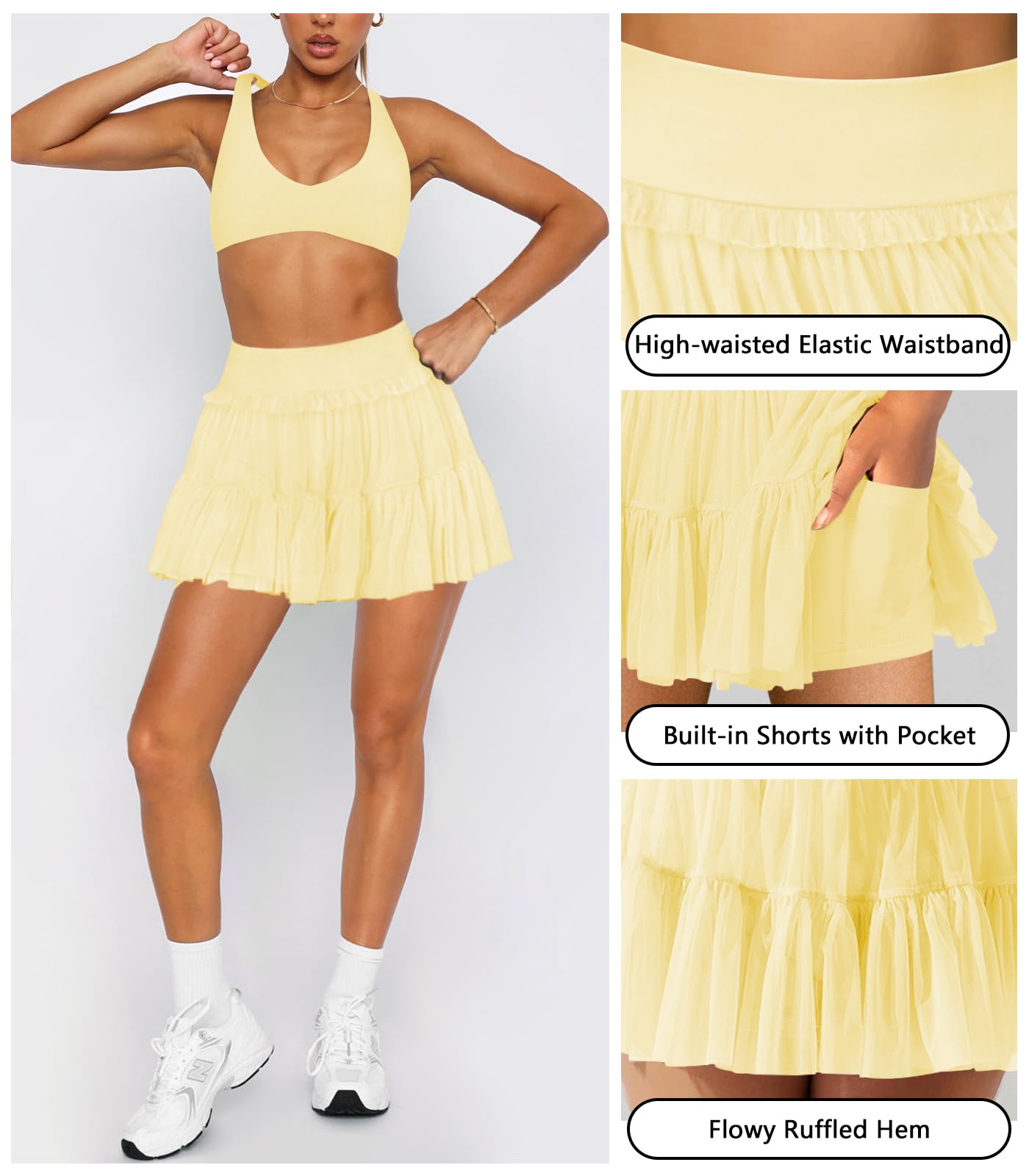 Hragc Jupe de tennis plissée fluide à volants pour femme - Taille haute - Mini jupe de golf athlétique avec poche courte