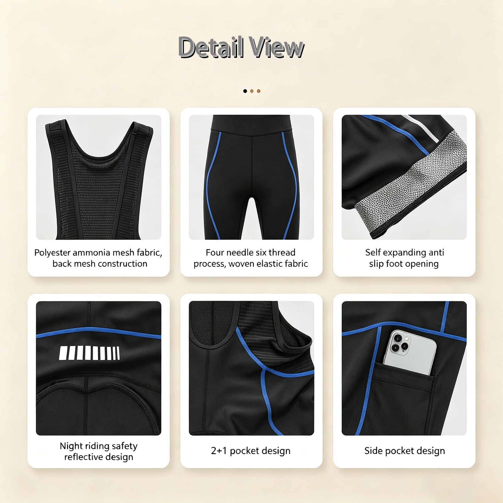 Pantaloncini da ciclismo da uomo con bretelle e imbottitura in gel 5D, pantaloncini da ciclismo traspiranti ad asciugatura rapida, con 3 tasche e strisce riflettenti; calzamaglia da ciclismo su strada
