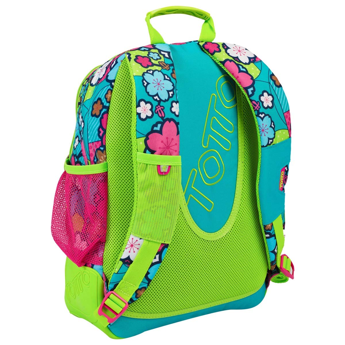 Totto - Zaino per la scuola, modello Crayoles, capacità 20 L, beauty case e borsa per scarpe removibili, tasca per bottiglia, schienale ergonomico con flusso d'aria, stampa fiori verdi