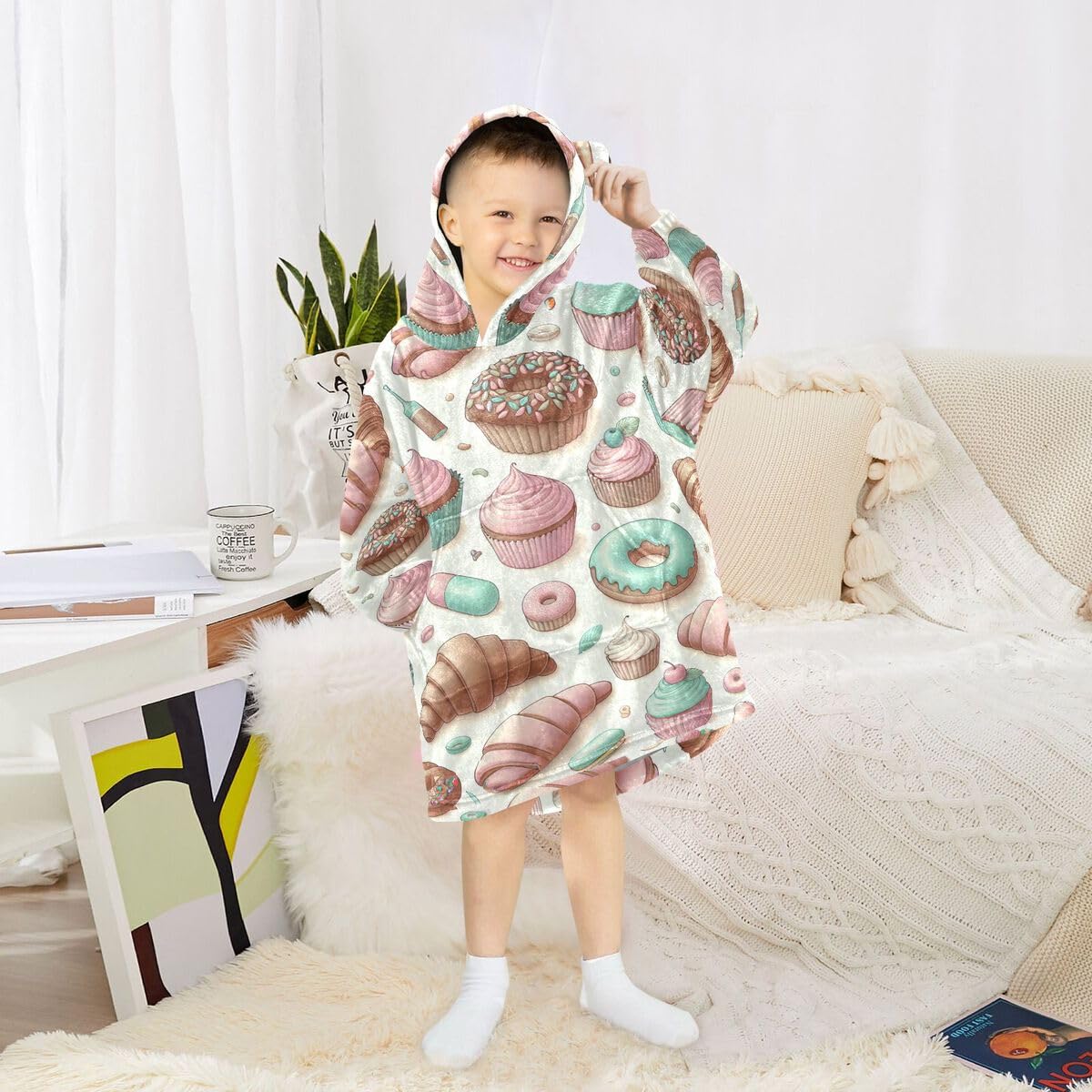 Cupcake Donut dziecięcy koc do noszenia z kapturem, oversize, bluza z kapturem, sweter, różowy, obraz, dla chłopców i dziewcząt w wieku 3-14 lat, multi, 150-170