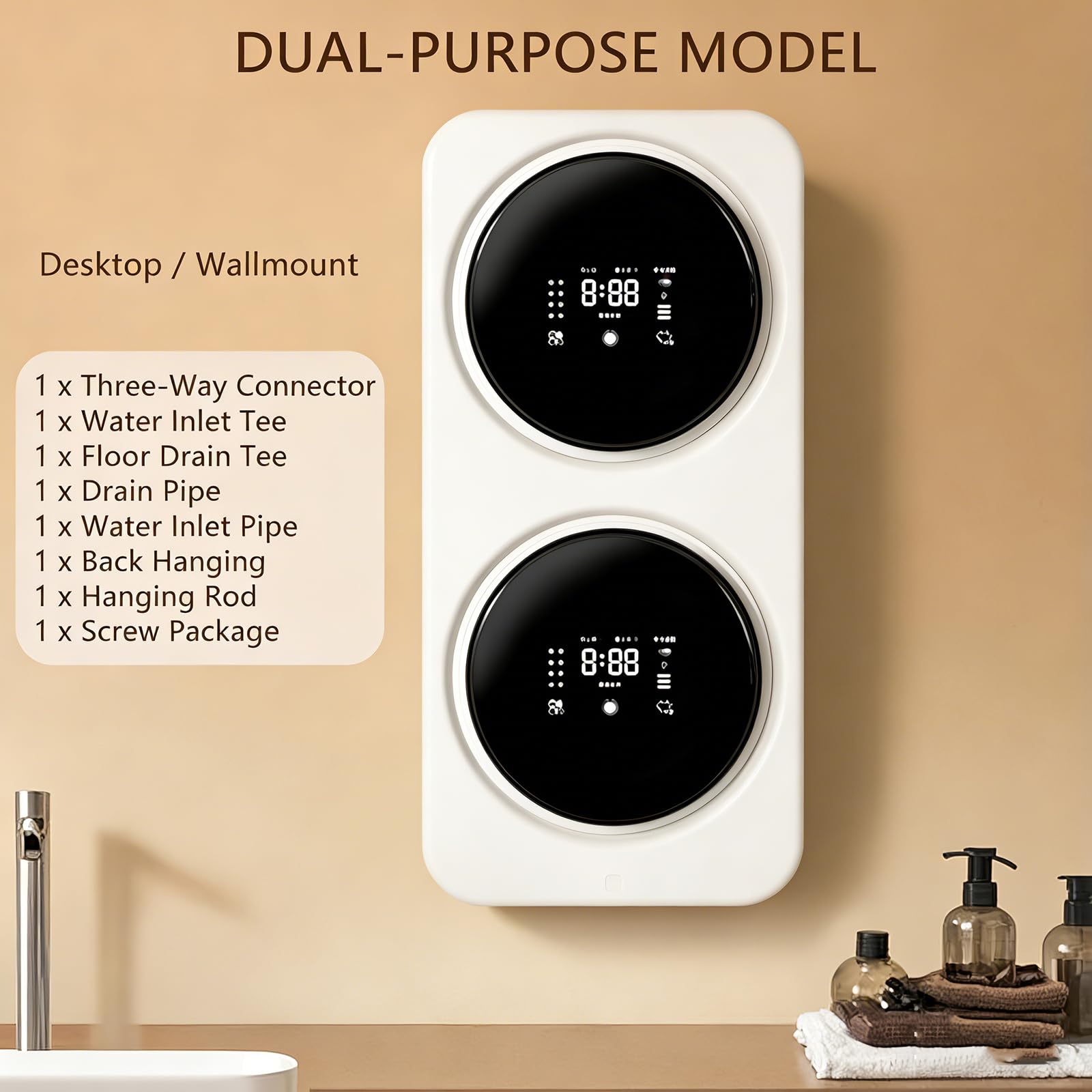 Mini-Waschmaschine und Trockner 2 in 1, 2 x 3,5 l, mit LCD-Touchpanel/intelligenter Selbstreinigung, unabhängigem Waschprogramm, schonendem und langsamem Waschen Wall-Mounted-Silver