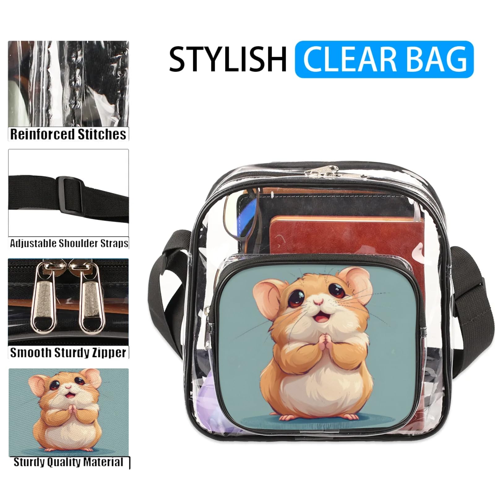 Clear Crossbody Bag Stadium Approved Animals Hamster Transparent Bag for Festivals, Sports Events, Concerts,Beach Bag for Women Men Clear Purse with Front Pocket Messenger Bag with Adjustable Strap