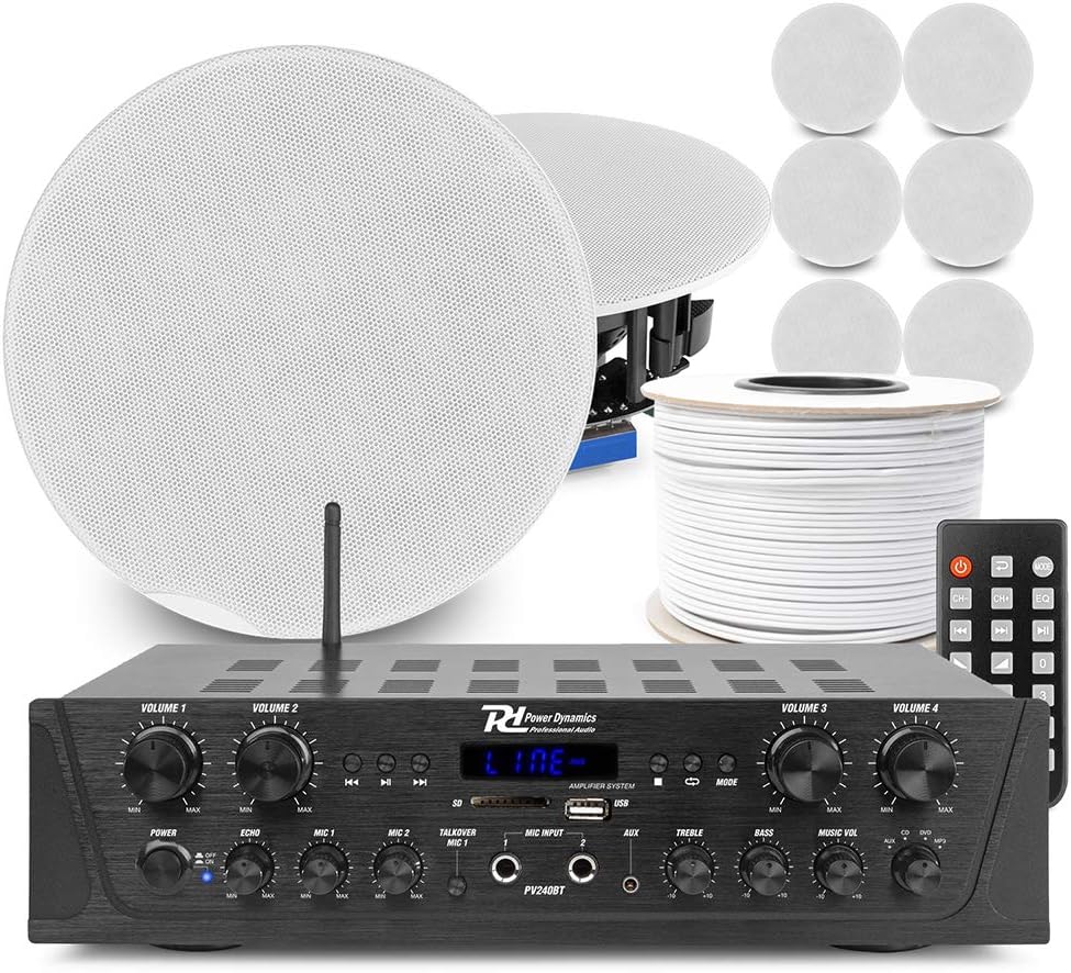 Power Dynamics 4-Zone Ceiling Speaker System – 8x 8″ FCS8 Flush Speakers, PV240BT Bluetooth Amplifier, Home Multi-Room Audio Kit for Background Music & PA Installation, FM/USB, Speaker Wire Included