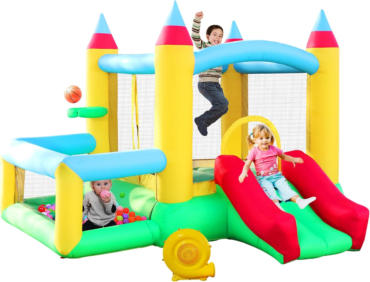 Inflatable Bounce House with Slide, 107x106x80 Inch, Jumping Castle with Blower and Ball Pool, Basketball Game