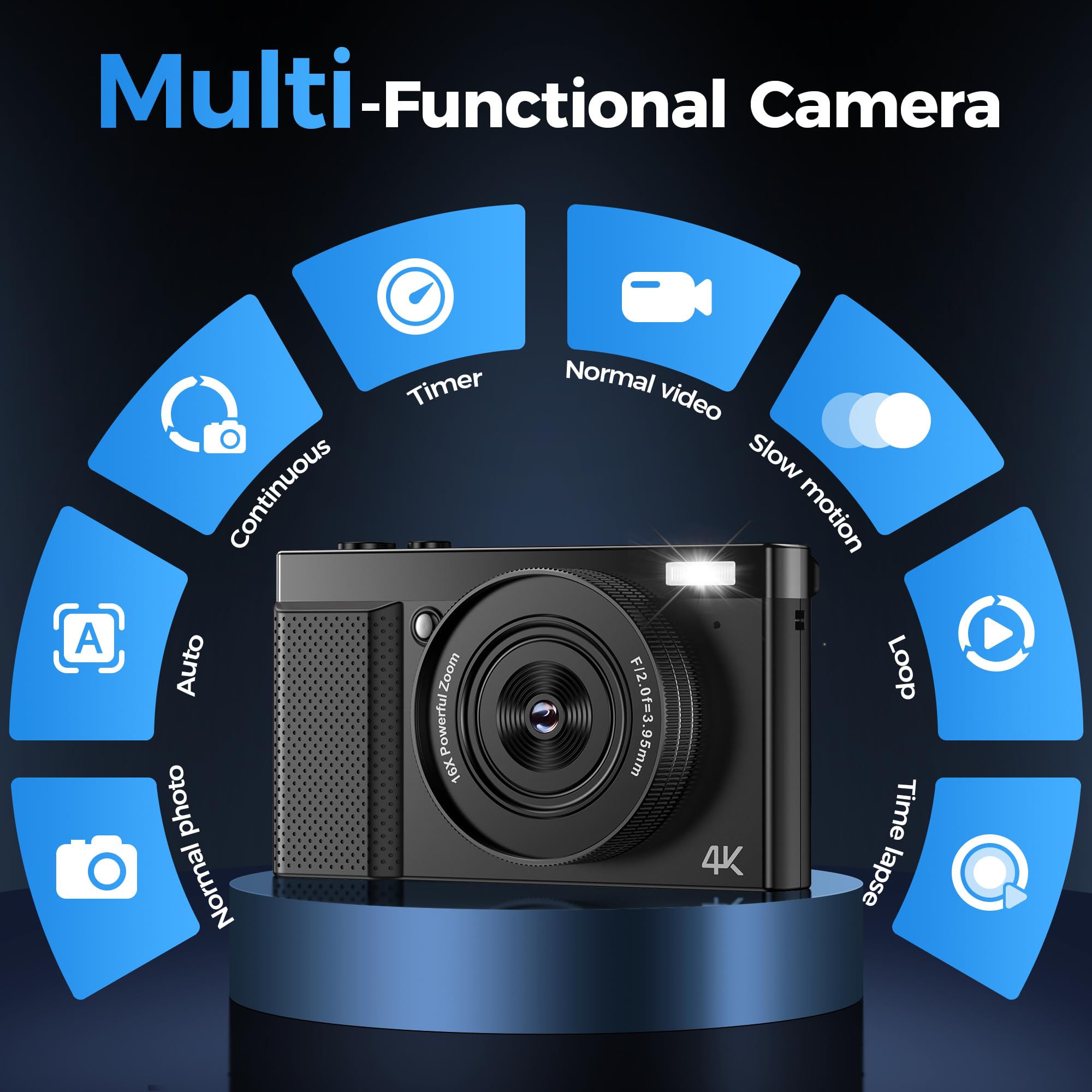 Appareil Photo Numérique 4K 64MP Digital: Appareil Photo Enfant Noire pour Vlog - Zoom Numérique 16x Écran 3" Rotatif à 180° - Idéal pour Les Kids Les Adolescents Les débutants et Les Adultes
