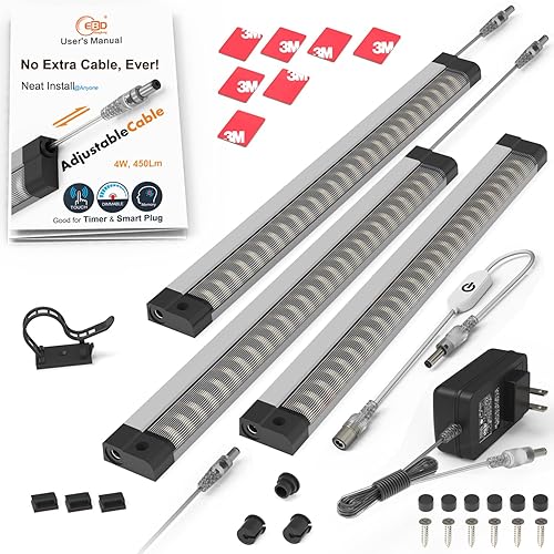 Iluminación LED para debajo del gabinete, luz táctil para gabinete, cable ajustable integrado, sin cables desordenados, 3 paneles de luces para