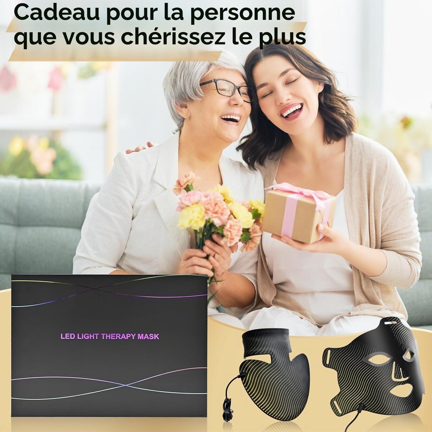 Masque de luminothérapie LED pour le visage et le cou, 4 modes, masque facial infrarouge avec thérapie à la lumière rouge, masque lumineux LED en silicone, anti-âge pour tous les types de peau