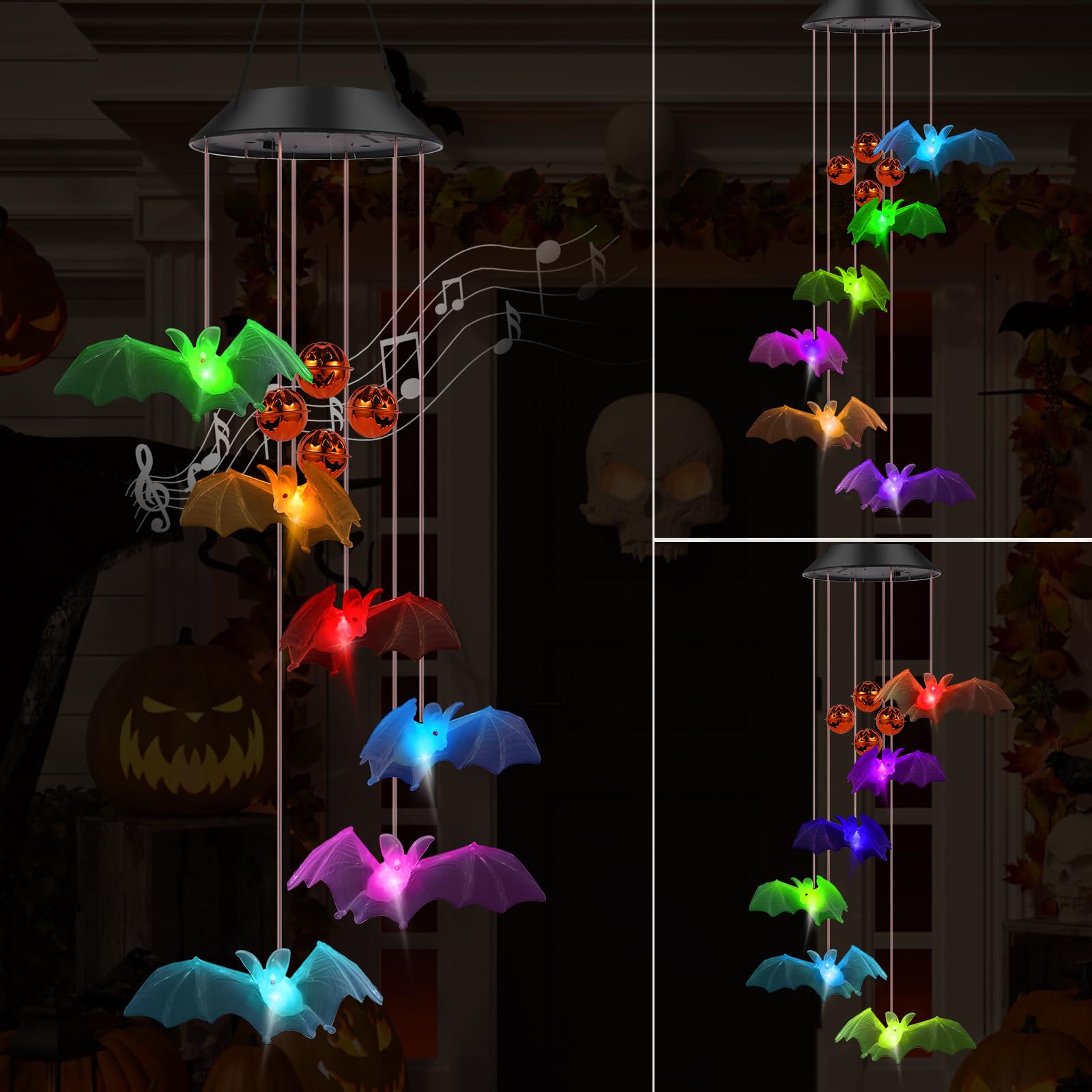 Bat Solar Lights Wind Chimes for Outside Halloween Decoration,Color Changing Halloween Lights Wind Chimes with Pumpkin Bells,Bat Solar Chimes Outdoor Waterproof for Garden Patio Yard Porch Party Decor