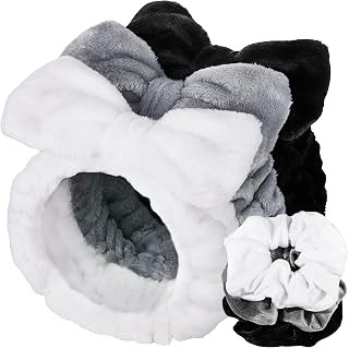 LEOBRO Spa Headbands & Hair Scrunchies Set, 6pcs Soft Bow Makeup Headbands for Face Wash Skincare, Gifts for Women Girls Black White Gray