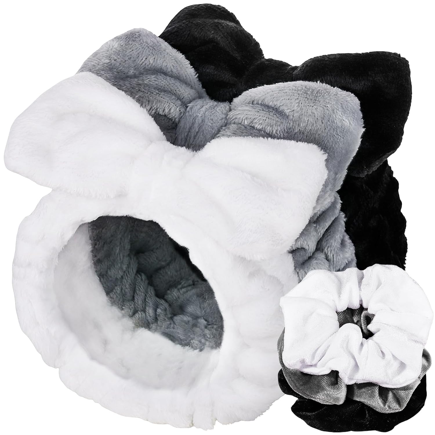 LEOBRO Spa Headbands & Hair Scrunchies Set, 6pcs Soft Bow Makeup Headbands for Face Wash Skincare, Gifts for Women Girls Black White Gray