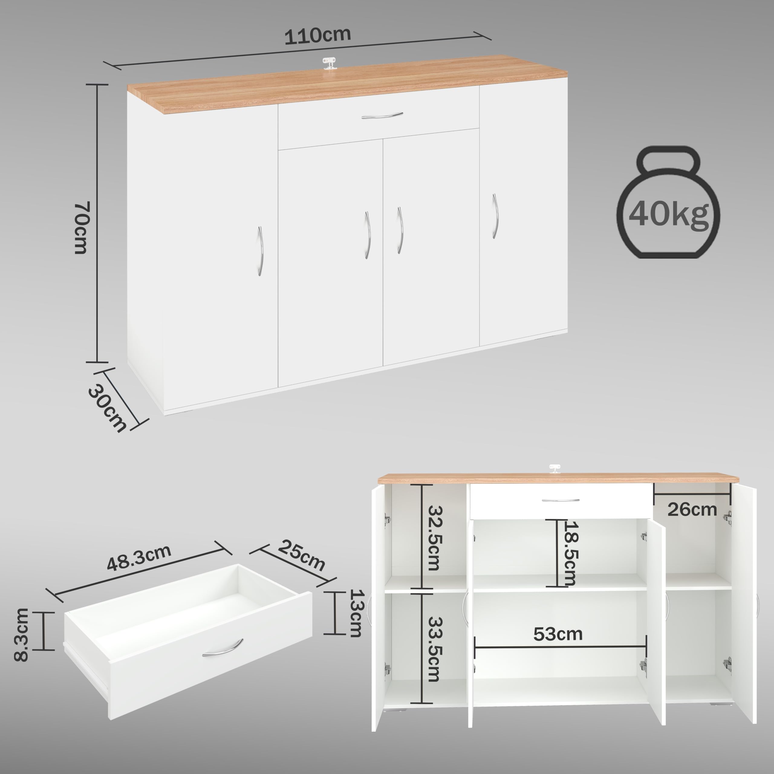 hitsuki Credenza Cucina Bianca 110 x 30 x 70 cm Mobiletto Cucina Salvaspazio Mobile Dispensa Cucina con 4 Ante e 1 Cassetto Madia Mobile da Cucina per Soggiorno Ingresso Corridoio