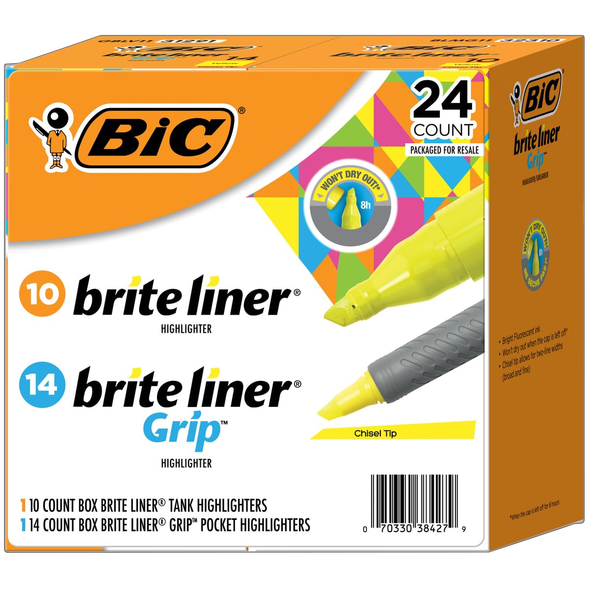 BIC Brite Liner Textmarker-Kombipack, Keilspitze, fluoreszierendes Gelb, 24 Stück
