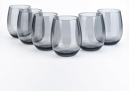 KOXIN-KARLU Vasos de vino clásicos de acrílico sin tallo, de 18 onzas, vaso de plástico irrompible, juego de 6 unidades, color gris