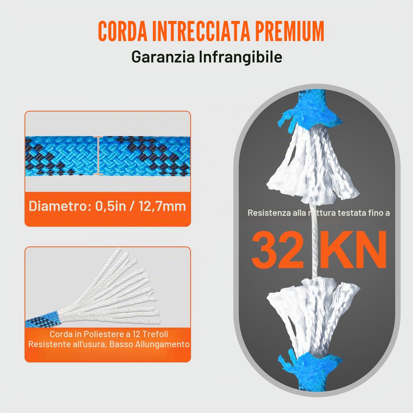 VEVOR Corda Statica da Arrampicata 12,7 mm, Corda da Arrampicata all'Aperto 60,9 m, Tensione alla Rottura 30 Kn, Cordo in Fibra con Moschettone in Acciaio per Fuga, Discesa in Cordo Doppia Blu