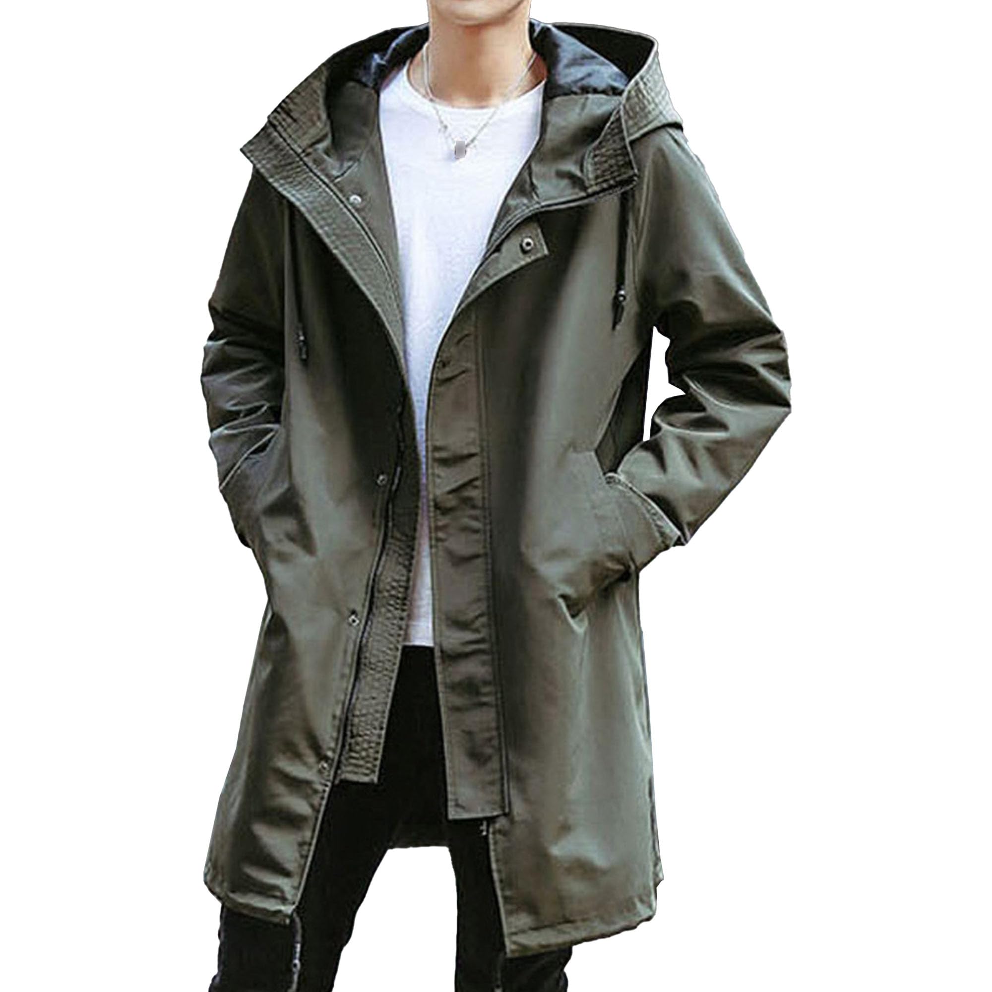 JEKE-DG Mens Drawstring Hooded Windbreaker Simple Loose Mid Long Overcoat Casual Trench Coat With Pockets (Medium,Army Green 1)