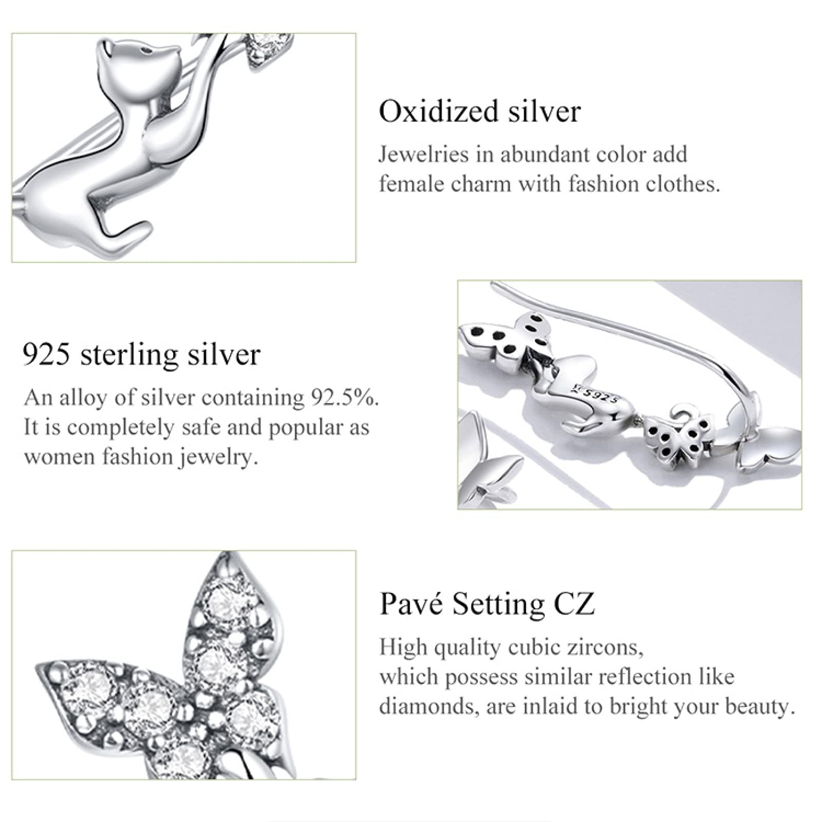LNNSHX Orecchini per Ragazza Gatto Farfalle Orecchini a Bottone per Donna Dichiarazione Gioielli in Argento Sterling 925 Bijoux